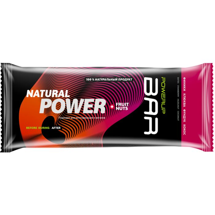 Батончик энергетический POWERUP Bar Fruit+Nuts (Финики, клюква, фундук, кокос) 50 гр.